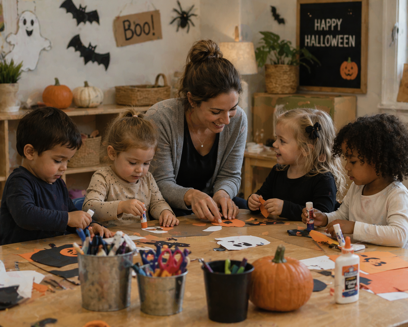 Children doing Halloween crafts with a teacher in a cozy classroom